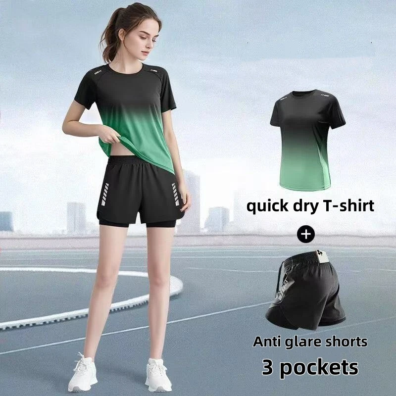 Badminton Outfit - レディーススポーツウェアセット、ランニングショーツ、Tシャツ、ヨガウェア、薄手フィットネスバドミントンウェア、通気性があり快適でフィット感抜群
