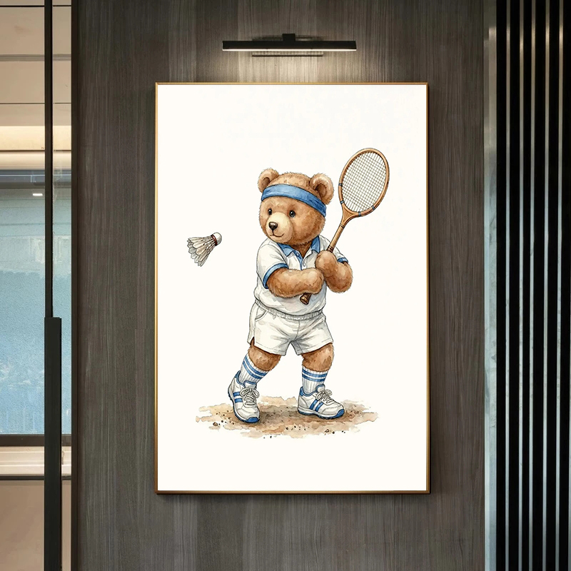 かわいいテディベアスポーツ保育園キャンバスアートプリント男の - Badminton Zone のレビューと価格